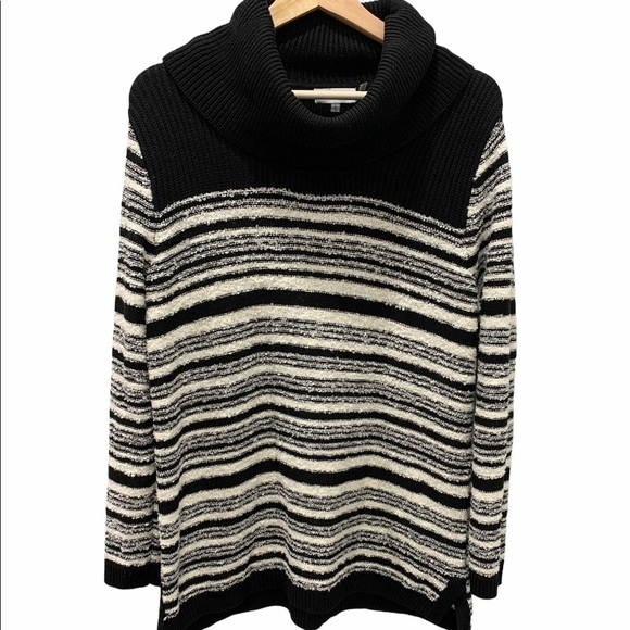 CALVIN KLEIN Black White Striped Turtle Neck Sweater Medium - Picture 1 of 5